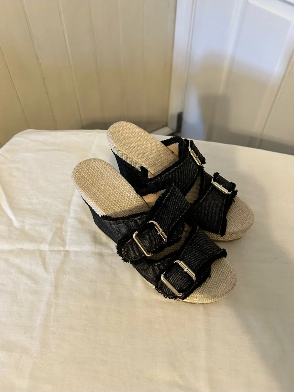 Black Denim Espadrille Wedge Slide Sandals/US Women’s 7.5 (Euro Size 38)/NWOT